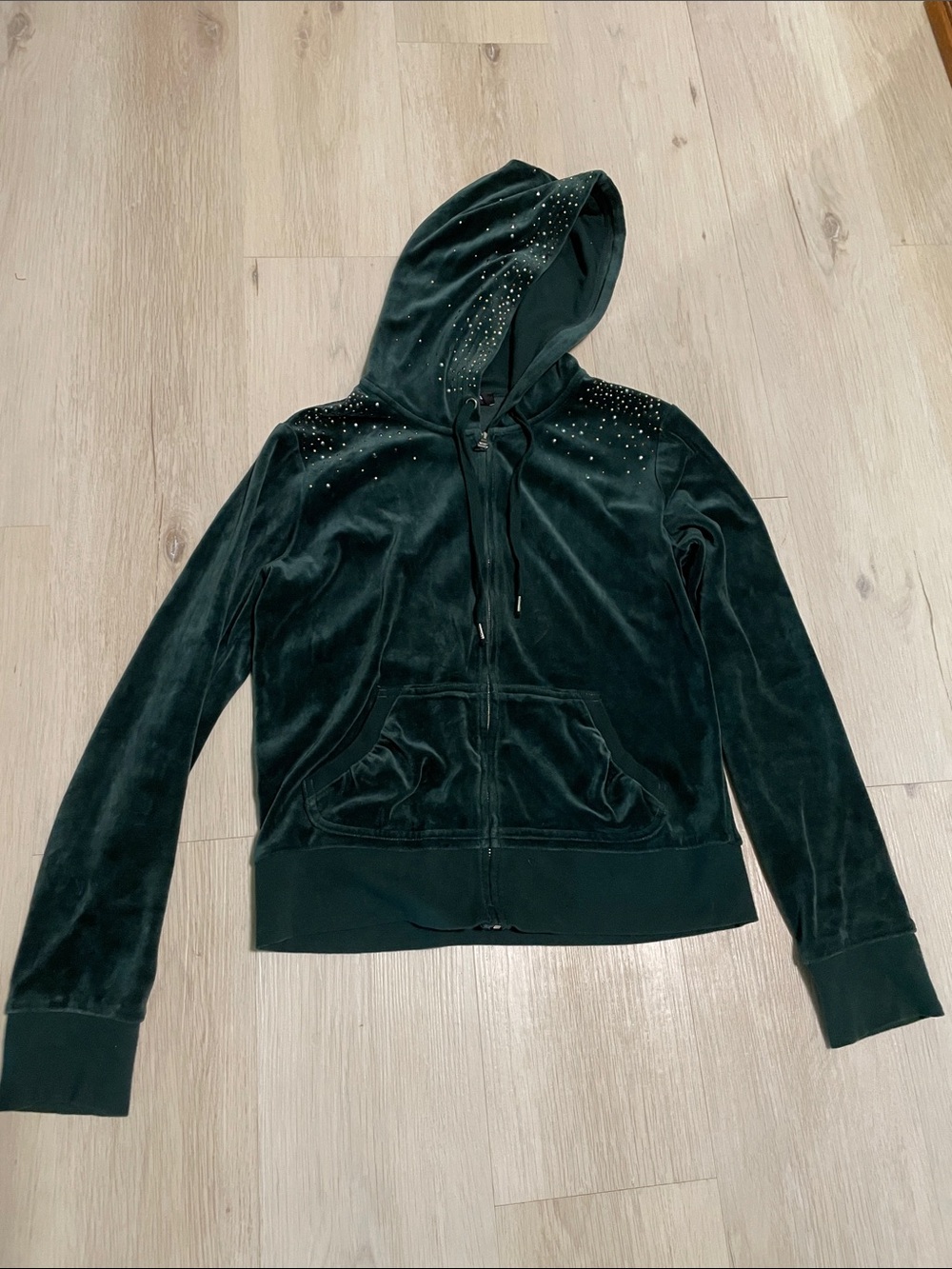 Express Dark Green Velour Zip-Up Hoodie with Stud Details